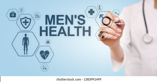 Mens Health Banner, Medical And Health Care Concept On Screen. Doctor With Stethoscope.