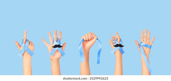 Men's health and Prostate cancer awareness campaign in November. Group of men hands holding blue ribbon awareness  with mustache to support and fight for health.  Men health care campaign banner. - Powered by Shutterstock