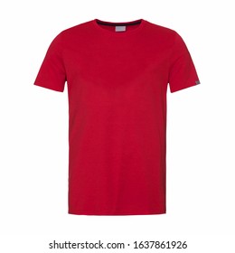 Men's Heather Red T Shirt Isolated On White Background. Stylish Mens Short Sleeves Tshirt Clothing. Unisex Short Sleeve T-Shirt Jersey Apparel. Modern Garment Front View