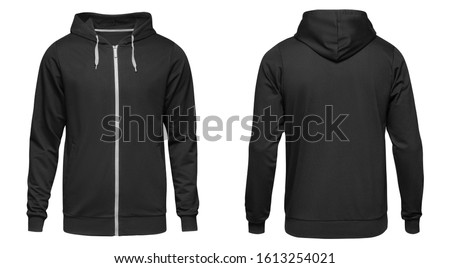 Men's hoodie black with zipper isolated on white background. Blank template hoody front and back view.