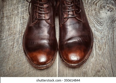 men's leather shoes of high quality, top view close-up