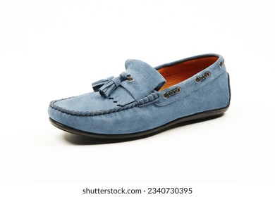 Men's light blue moccasins, loafers isolated white background.