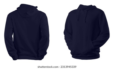 Men's Navy Blue blank hoodie template,from two sides, natural shape on invisible mannequin, for your design mockup for print, isolated on white background