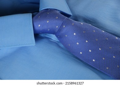 Men's Necktie With Shirt Focused On Tie Knot, Male Fashion Necktie Pre Tied With Shirt Collar Top View