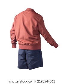 Mens Red Bomber Jacket And Dark Blue Sports Shorts Isolated On White Background. Fashionable Casual Wear