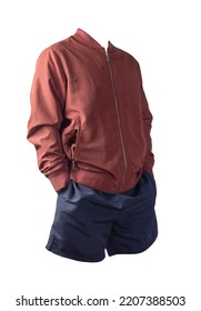 Mens Red Bomber Jacket And Dark Blue Sports Shorts Isolated On White Background. Fashionable Casual Wear