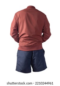 Mens Red Bomber Jacket And Dark Blue Sports Shorts Isolated On White Background. Fashionable Casual Wear