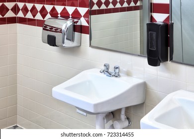 Mens Restroom Wash Basins With Water Saving Faucets, Ecological Air Hand Dryer, And Soap Dispenser.