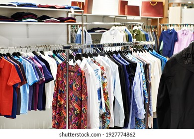 Men's shirts with short sleeves in the clothing store