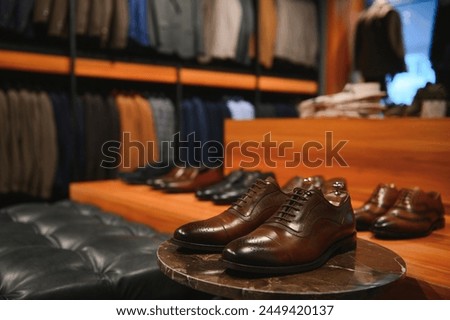 Men's shoes on display in a shoe store.