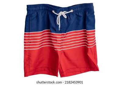 Mens shorts isolated. Trendy stylish short pants with white ribbon for swimming isolated on a white background. Fashionable red short pants. Swimwear for man.