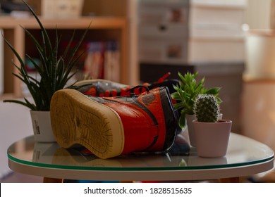 
Men's Sports Basketball Orange-black Sneaker Air Jordan Retro 1 High Shattered Backboard SBB And On A Glass Table And Blurred Background. In Prague On October 5, 2020 In The Czech Republic