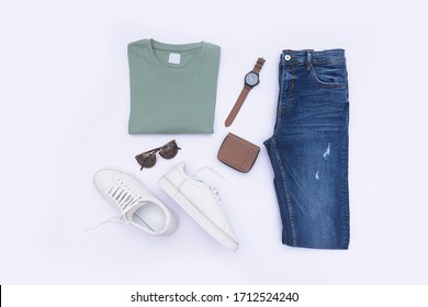 Men's Spring And Summer Clothes And Accessories Set. On White Background
