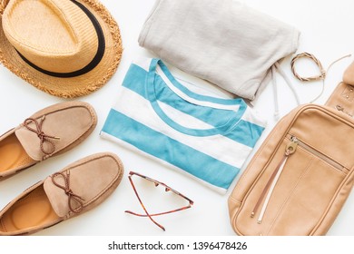 Men's Summer Fashion And Clothes With Accessories On White Background