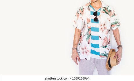 Men's Summer Fashion And Clothes Casual Outfits With Man Standing Over White Background