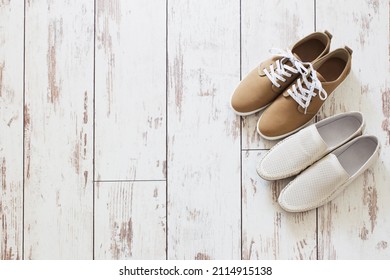 Mens Summer Shoes On Old Wooden Floor