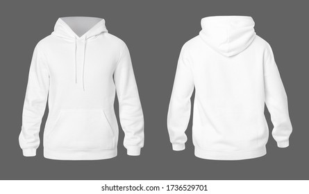 Men's Sweatshirt White Color On The Dark Background. Hooded Sweatshirt Template. Sweatshirt On Grey Background