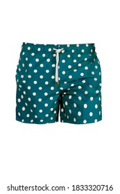 Men's turquoise with white dots swimming trunks isolated on white background. Front view. Ghost mannequin photography