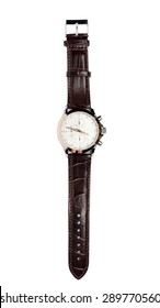 Men's Watch With Leather Strap And White Dial, Isolated On A White Background