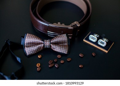 men's wedding accessories belt cufflinks bow tie - Powered by Shutterstock