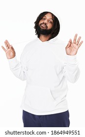 Men's White Hoodie Mockup Fashion Shoot In Studio