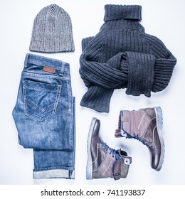 Men's Winter Clothes On White Background. Flat Lay And Top View