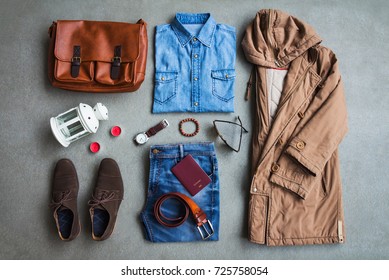 Men's Winter Clothing Style Casual Outfits And Accessories On Gray Background, Flat Lay Fashion And Beauty Concept