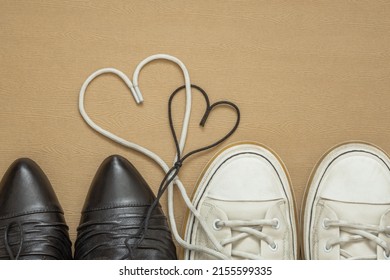 men's and women's pair of shoes, shoelace hearts, family and love concept, mutual feelings, Valentine's day