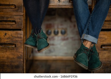 Men's And Women's Shoes, Guy And Girl Sitting At Desk, Shoes Closeup