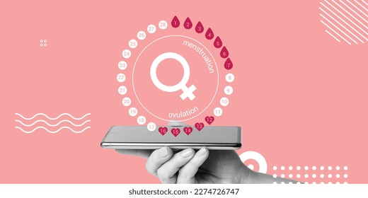 Menstrual cycle above smartphone screen in hand of woman. Period calendar tracker mobile app, contraception, pregnancy planning concept, modern technologies for women's health. Minimalistic collage - Powered by Shutterstock