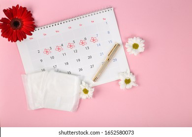 Menstrual Cycle Calendar On A Pink Wooden Background. Gerbera And Pads. Ovulation Concept. Menstruation Concept.