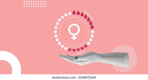 Menstrual cycle over the female hand. Contraception, pregnancy planning concept. Minimalistic collage. - Shutterstock ID 2268072645