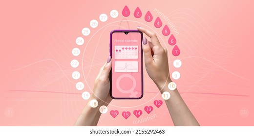 Menstrual cycle tracker mobile app on smartphone screen in hands of woman, graphic representation of period calendar on pink background. Modern technologies for women's health, pregnancy planning - Shutterstock ID 2155292463