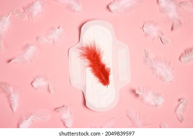 Menstrual pad with red and white feathers on pink background. Menstruation cycle period, woman hygiene and comfort concept.