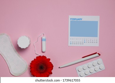 Menstrual Sanitary Tampon, Pad, Pain Pills During Menstruation And Red Flower On Pink Background, Feminine Calendar With Copy Space. Feminine Hygiene Products. Top View. Mock Up