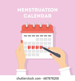 Menstruation calendar illustration. Red signs of menstrual cycle.