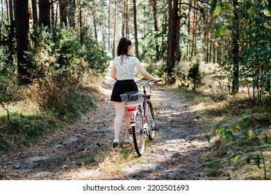 Mental Health Benefits Of Cycling, Reduce Anxiety. Cycling In Forest. Forest Bycycle Trails. Single Woman Riding Bike In Pine Forest In Sunny Day.