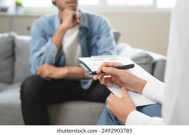 mental health care therapy concept, psychologist counseling to anxiety patient and giving guidance mental therapy care to cure mental health. - Powered by Shutterstock