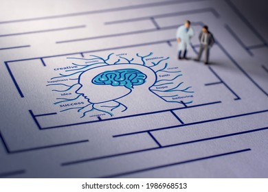 Mental Health Concept. Challenge for Therapist or Person to cure a Mind Disease. Psychological Complexity, Emotion, Memories, Perceptions, and Wishes of Human. Miniature on Maze