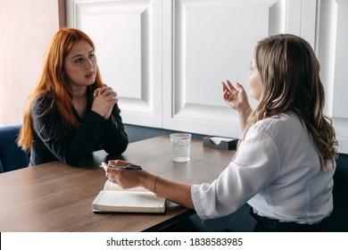 Mental health concept. Communication session of woman psychologist and client. Psychotherapy or talk therapy as help people with variety of mental illnesses and emotional difficulties