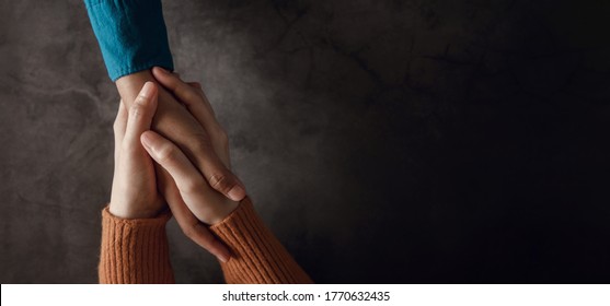 Mental Health Concept. Couple making Comfortable Hand Touch for Encouraging Together. Love and Care. Top View