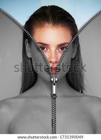 Mental health concept, young woman portrait unzipped gray image into colorful new bright face. Start over, reborn, depression and anxiety cured concept