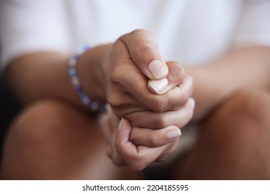 Mental Health, Depression And Nervous Hands In Lap During Therapy. Anxiety, Addiction And Recovery, Support In Rehab Or Professional Care. Breakup, Divorce Or Heartbreak, Woman With Emotional Trauma.