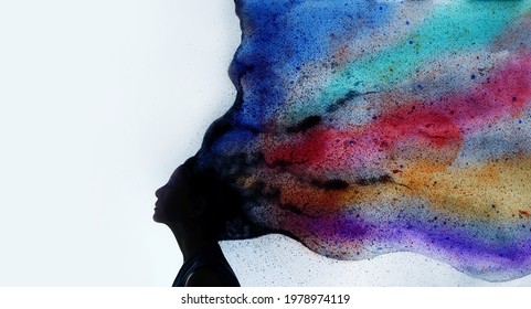Mental Health, Imagination and Creativity Concept. Silhouette photo of Woman combined with Colorful Watercolor. Positive Mind, Freedom, Enjoying and Life Philosophy