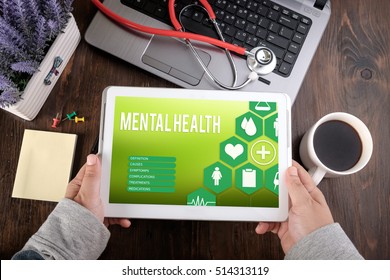 MENTAL HEALTH On Screen Tablet Pc, Health Concept. Information Technology And Mobile Application In Healthcare/medical.