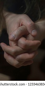 Mental Health Psychosis And Depression Photo. Close-up Hands Shrink From Nerves. Toning, Low Key, Selective Focus.