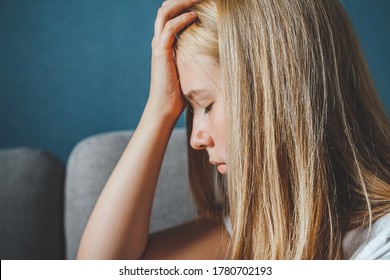 Mental Health, Stress, Depression During Quarantine, Covid 19 Coronavirus Lockdown, Lonely Young Woman In Depression And Stress On Bed, Negative Emotions And Mental Health Concept