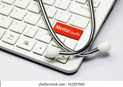 Mental Health Text, Stethoscope Lying Down On The Computer Keyboard