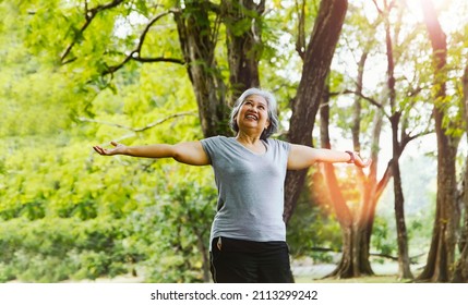 Mental health and well-being of retired women : Kind-hearted Asian senior woman, smiling, cheerful, free, inhaling the fresh air in a garden with trees and shady nature, refreshing on a relaxing day. - Powered by Shutterstock