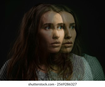 Mental health, woman and face in studio with double exposure, fear and bipolar disorder. Patient, anxiety and overlay on black background with worry, scared and paranoia with stress in psychology